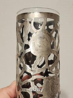 Vintage Mexico Sterling Silver Rose Trellis Overlay 7 Tall Drinking Glasses 89g