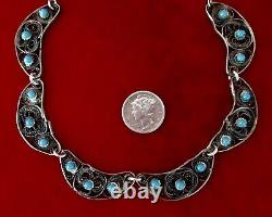 Vintage Middle Eastern Cannetille Sterling Silver & Turquoise Glass Bead Choker