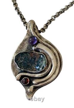 Vintage Modernist Abstract Sterling Silver Roman glass Garnet Pendant Necklace