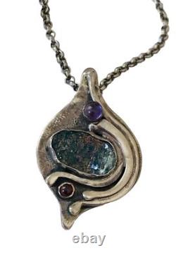 Vintage Modernist Abstract Sterling Silver Roman glass Garnet Pendant Necklace