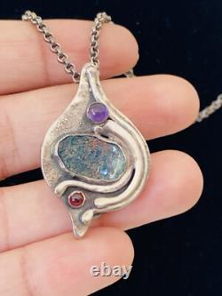 Vintage Modernist Abstract Sterling Silver Roman glass Garnet Pendant Necklace