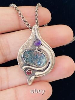 Vintage Modernist Abstract Sterling Silver Roman glass Garnet Pendant Necklace
