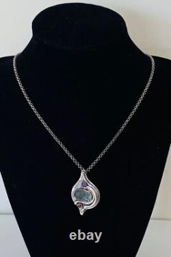 Vintage Modernist Abstract Sterling Silver Roman glass Garnet Pendant Necklace