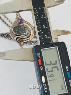 Vintage Modernist Abstract Sterling Silver Roman glass Garnet Pendant Necklace