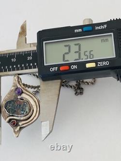 Vintage Modernist Abstract Sterling Silver Roman glass Garnet Pendant Necklace