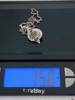 Vintage Modernist Abstract Sterling Silver Roman glass Garnet Pendant Necklace