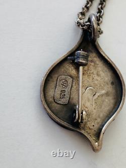Vintage Modernist Abstract Sterling Silver Roman glass Pendant Brooch Necklace