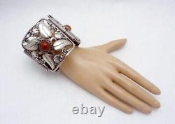 Vintage Monumental Sterling Silver Carnelian Glass Art Deco Wide Bracelet 26792