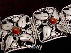 Vintage Monumental Sterling Silver Carnelian Glass Art Deco Wide Bracelet 26792