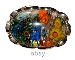 Vintage Murano Millefiori Art Glass Sterling Silver Dome Ring Italian Size 6 60s