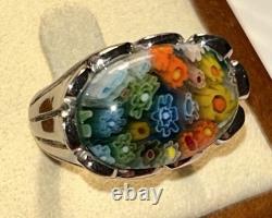 Vintage Murano Millefiori Art Glass Sterling Silver Dome Ring Italian Size 6 60s