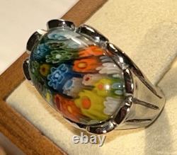 Vintage Murano Millefiori Art Glass Sterling Silver Dome Ring Italian Size 6 60s