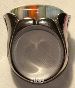Vintage Murano Millefiori Art Glass Sterling Silver Dome Ring Italian Size 6 60s
