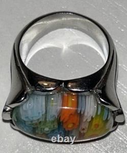 Vintage Murano Millefiori Art Glass Sterling Silver Dome Ring Italian Size 6 60s