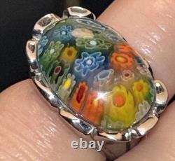 Vintage Murano Millefiori Art Glass Sterling Silver Dome Ring Italian Size 6 60s