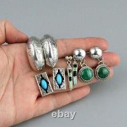 Vintage Navajo Shadowbox Earrings Turquoise Art Glass Stamped Sterling Silver