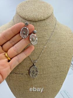 Vintage Necklace Camphor Glass Pendant Earrings Art Deco Sterling Silver