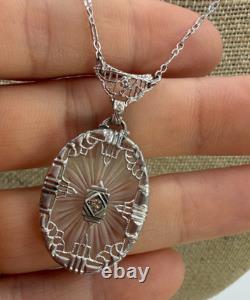 Vintage Necklace Camphor Glass Pendant Earrings Art Deco Sterling Silver