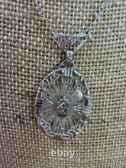 Vintage Necklace Camphor Glass Pendant Earrings Art Deco Sterling Silver