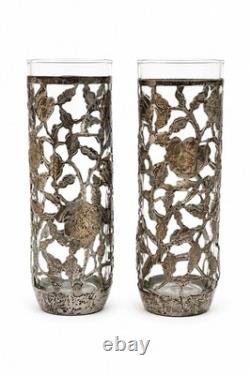 Vintage Pair Sterling. 925 Silver Overlay Rose Trellis Highball Glasses 7