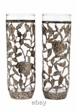 Vintage Pair Sterling. 925 Silver Overlay Rose Trellis Highball Glasses 7
