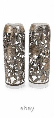 Vintage Pair Sterling. 925 Silver Overlay Rose Trellis Highball Glasses 7