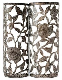 Vintage Pair Sterling. 925 Silver Overlay Rose Trellis Highball Glasses 7