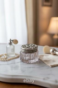 Vintage Pale Violet Glass Dresser Jar STERLING Silver Floral Lid 1.5 in