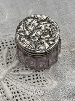 Vintage Pale Violet Glass Dresser Jar STERLING Silver Floral Lid 1.5 in