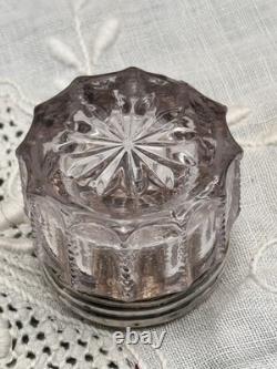 Vintage Pale Violet Glass Dresser Jar STERLING Silver Floral Lid 1.5 in