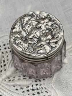 Vintage Pale Violet Glass Dresser Jar STERLING Silver Floral Lid 1.5 in