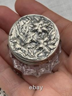 Vintage Pale Violet Glass Dresser Jar STERLING Silver Floral Lid 1.5 in