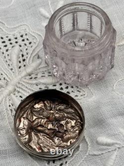 Vintage Pale Violet Glass Dresser Jar STERLING Silver Floral Lid 1.5 in