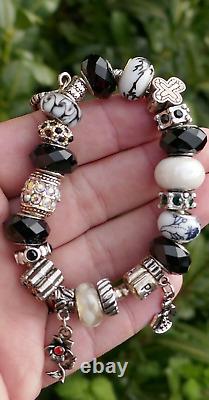 Vintage Pandora Sterling Silver & Art Glass Charm Bracelet 6.5 Long