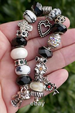 Vintage Pandora Sterling Silver & Art Glass Charm Bracelet 6.5 Long