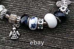 Vintage Pandora Sterling Silver & Art Glass Charm Bracelet 6.5 Long