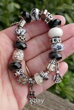 Vintage Pandora Sterling Silver & Art Glass Charm Bracelet 6.5 Long