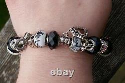 Vintage Pandora Sterling Silver & Art Glass Charm Bracelet 6.5 Long