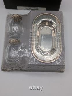 Vintage Perles Christofle Sterling Silver Glass Salt Pepper Shaker Set withTray