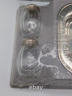 Vintage Perles Christofle Sterling Silver Glass Salt Pepper Shaker Set withTray