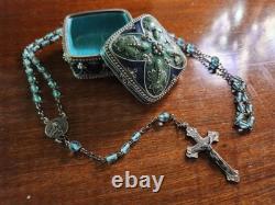 Vintage Petite Hillcraft Sterling Silver Teal Glass Rosary & Vtg Pewter Box