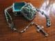 Vintage Petite Hillcraft Sterling Silver Teal Glass Rosary & Vtg Pewter Box