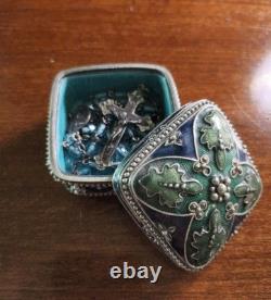 Vintage Petite Hillcraft Sterling Silver Teal Glass Rosary & Vtg Pewter Box