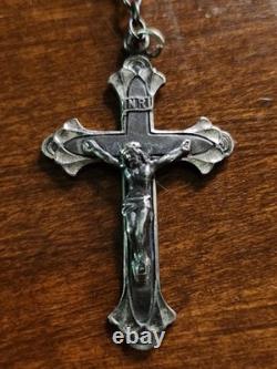 Vintage Petite Hillcraft Sterling Silver Teal Glass Rosary & Vtg Pewter Box