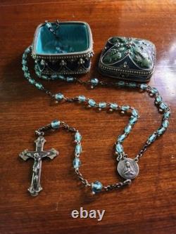 Vintage Petite Hillcraft Sterling Silver Teal Glass Rosary & Vtg Pewter Box