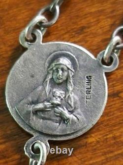 Vintage Petite Hillcraft Sterling Silver Teal Glass Rosary & Vtg Pewter Box