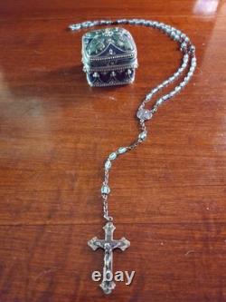 Vintage Petite Hillcraft Sterling Silver Teal Glass Rosary & Vtg Pewter Box