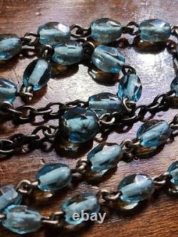 Vintage Petite Hillcraft Sterling Silver Teal Glass Rosary & Vtg Pewter Box
