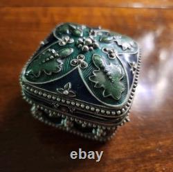Vintage Petite Hillcraft Sterling Silver Teal Glass Rosary & Vtg Pewter Box