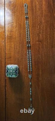 Vintage Petite Hillcraft Sterling Silver Teal Glass Rosary & Vtg Pewter Box
